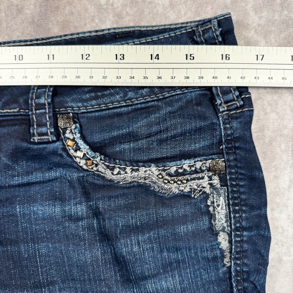 Silver Jeans Co Suki Mid Slim Bootcut Dark Wash Embroidered Studded W32 L33 - Picture 10 of 11